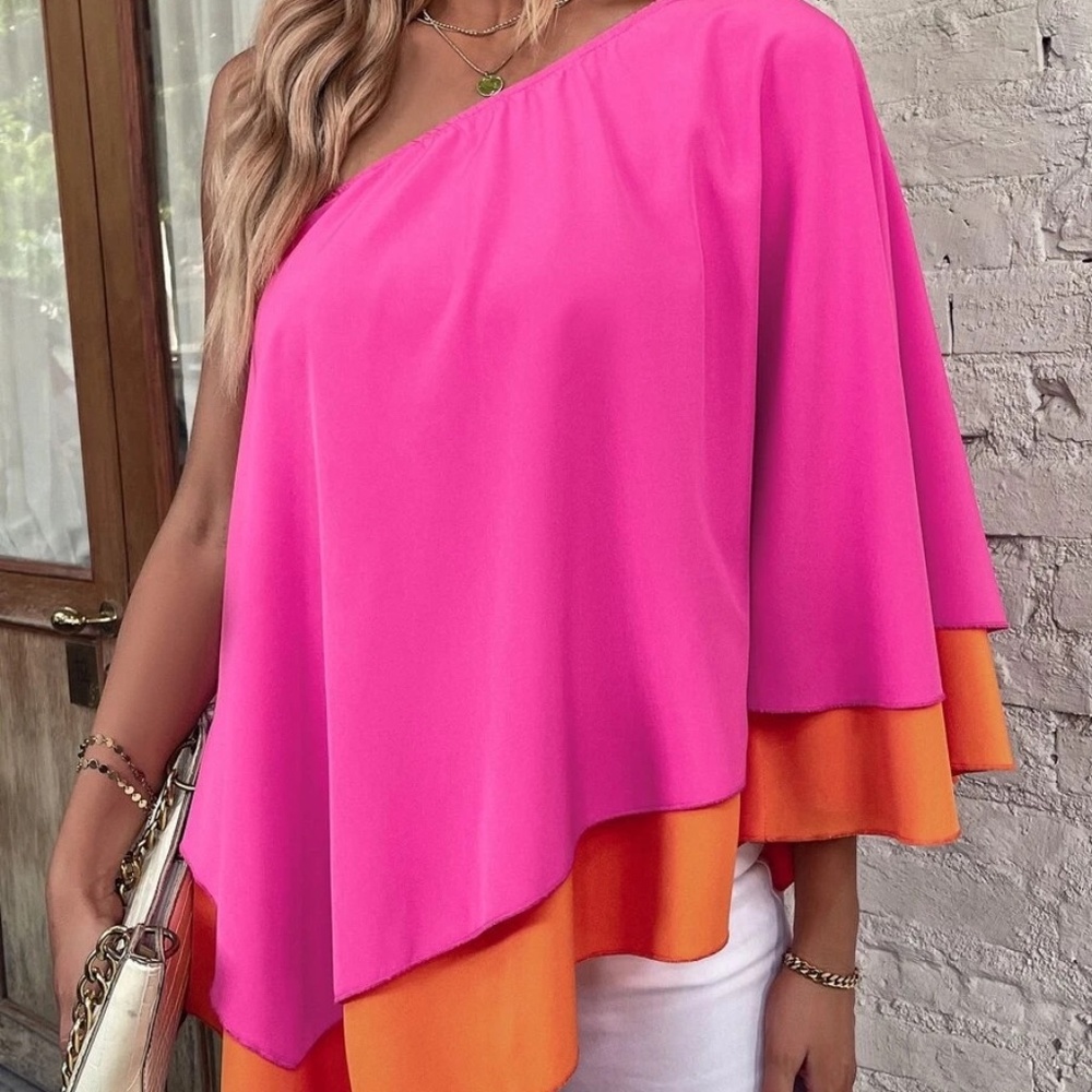 Womens One Shoulder Hi Lo Colorblock Blouse in Magenta Combo in Various NWT - Picture 1 of 6